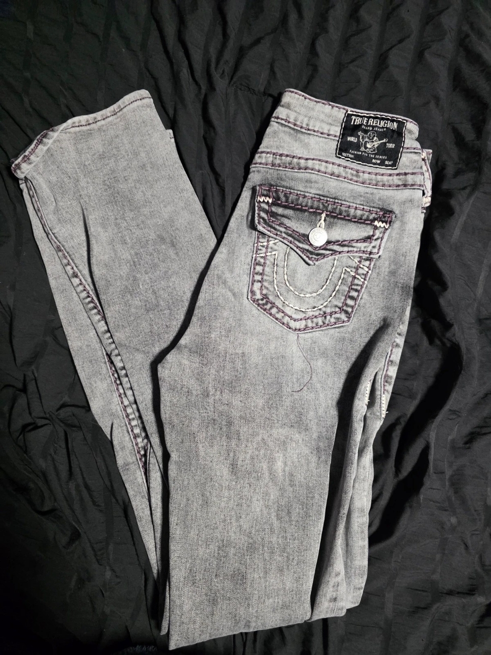 True Religion Grey Acid-Wash Skinny Jeans with Contrast Stitching Size 29